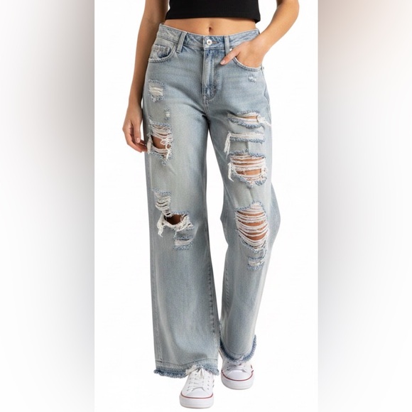 Petra 153 Denim - Petra 153 Light Wash Distressed Wide-Leg Frayed Hem Women’s Jeans Size 7 / 27